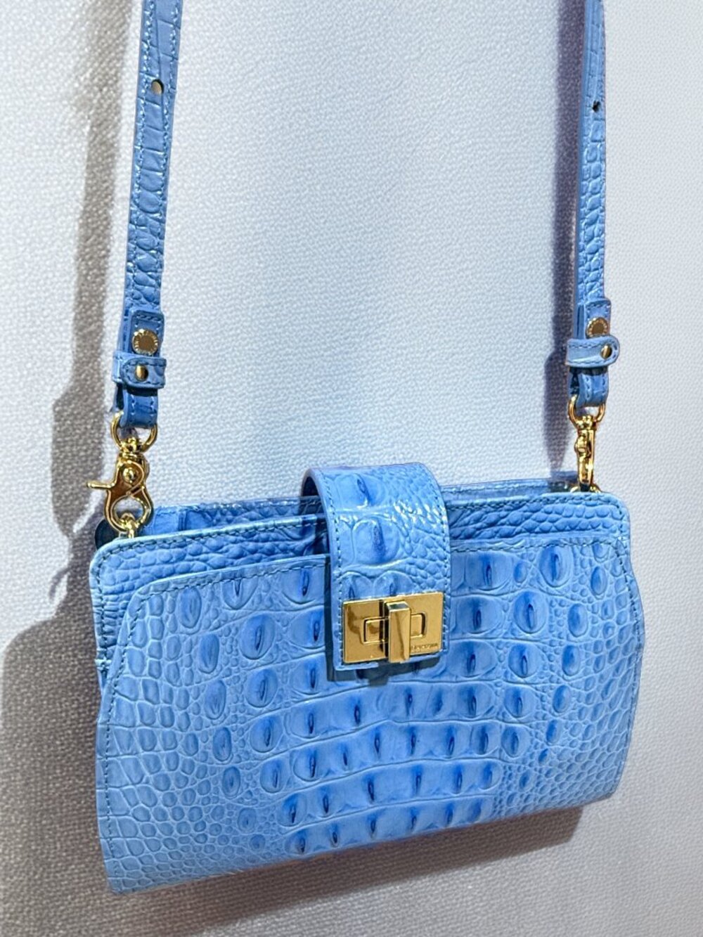 Brahmin Light Blue Alena Melbourne Croc Embossed Leather Turn Lock Crossbody Bag - Picture 2 of 16